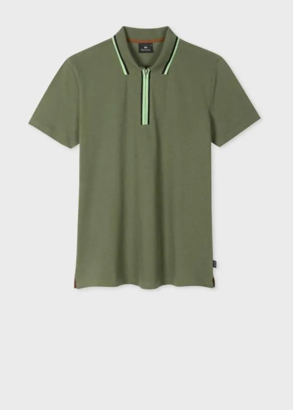 Paul Smith Polo Shirts Zip Neck StretchCotton Polo Shirt Khaki 8211 Mens