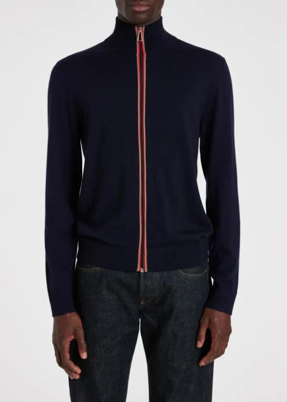 Paul Smith Sweaters MerinoBlend Stripe Zip Cardigan Navy 8211 Mens