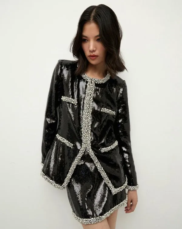 Perry PearlTrim Sequin Skirt Black Women Veronica Beard Skirts and Shorts