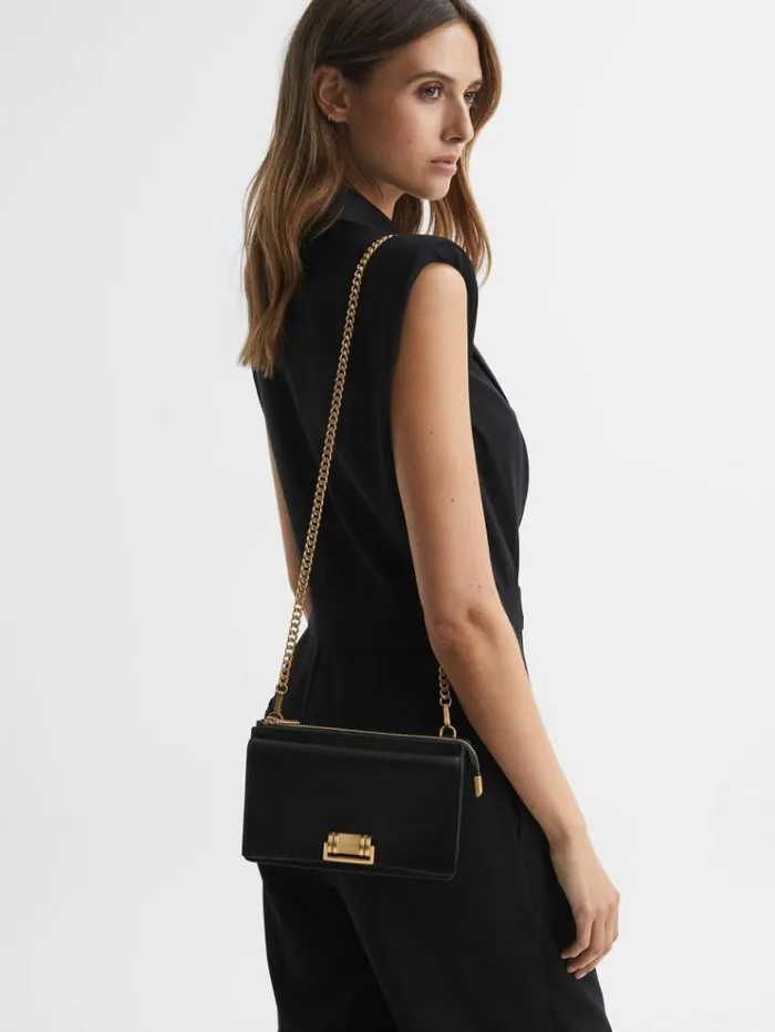 REISS Bags and Purses Women Leather Chain Crossbody Bag Black