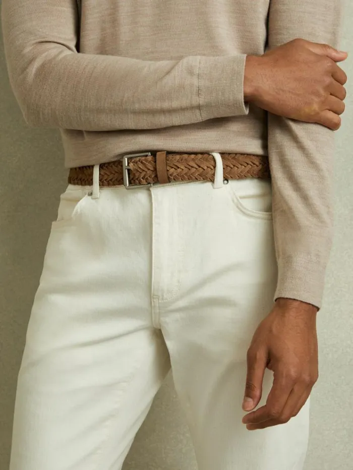 REISS Belts Men Suede Woven Belt Stone