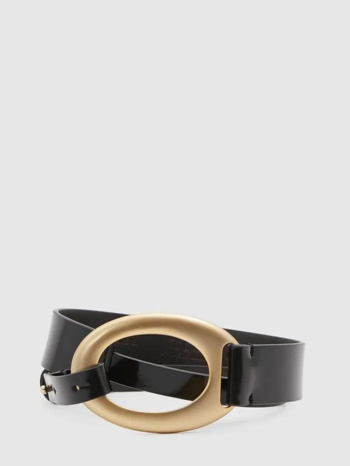 REISS Belts Women Asymmetric Patent Leather Belt Black