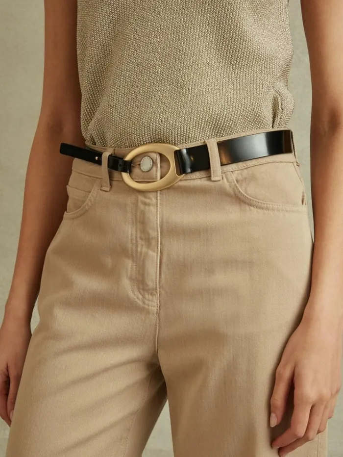 REISS Belts Women Asymmetric Patent Leather Belt Black