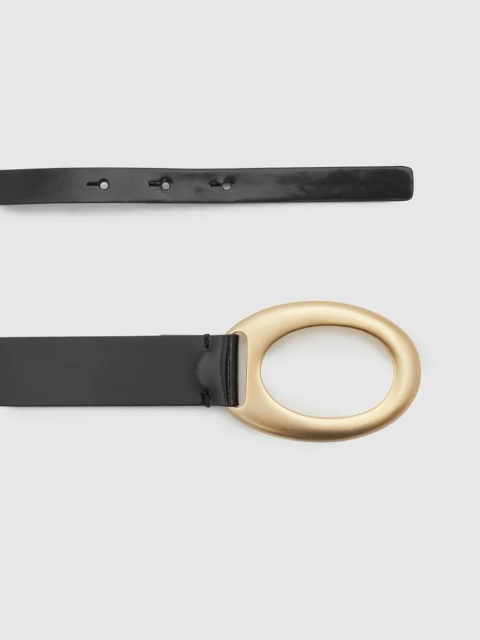REISS Belts Women Asymmetric Patent Leather Belt Black