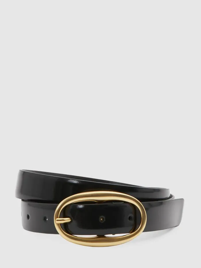 REISS Belts Women Patent Leather Oval Buckle Belt Black