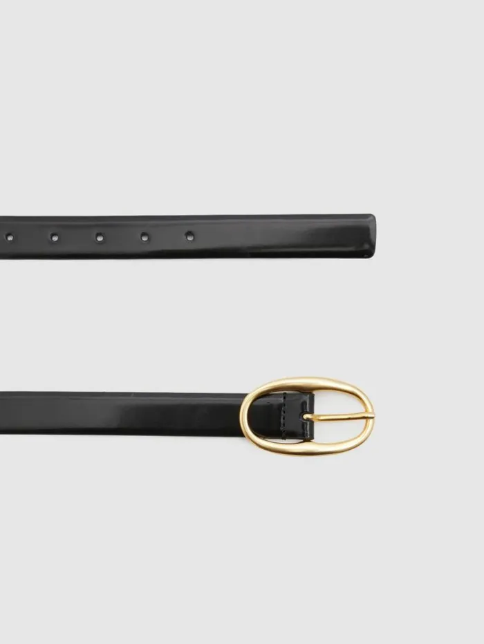 REISS Belts Women Patent Leather Oval Buckle Belt Black