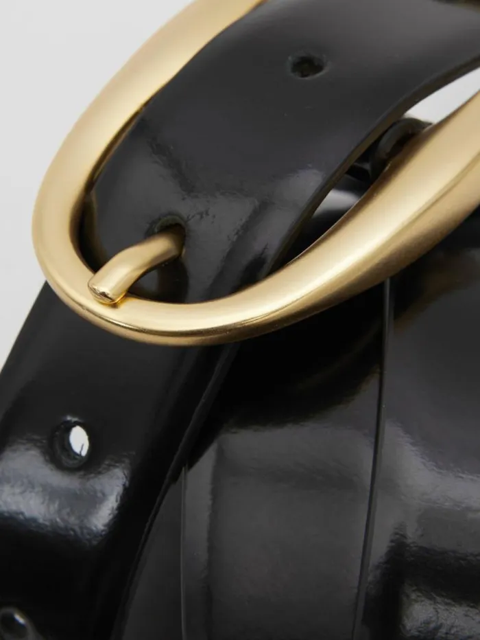 REISS Belts Women Patent Leather Oval Buckle Belt Black