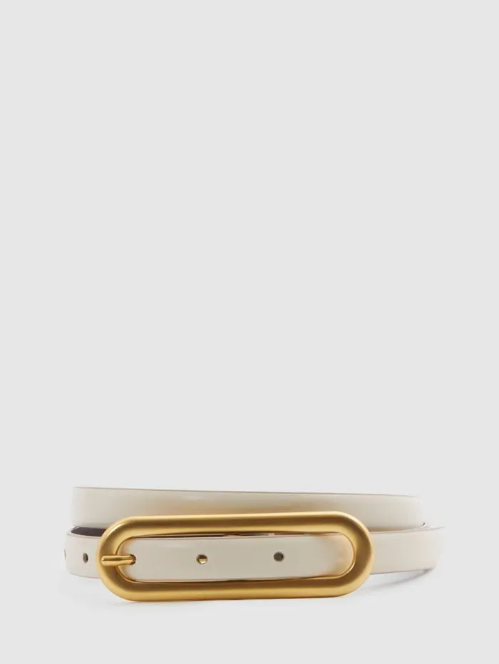 REISS Belts Women Thin Leather Elongated Buckle Belt Off White