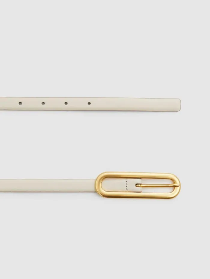 REISS Belts Women Thin Leather Elongated Buckle Belt Off White