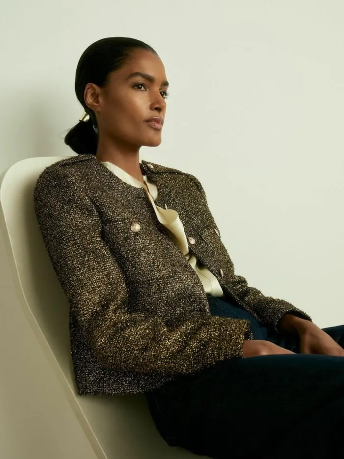 REISS Blazers and Jackets Women Metallic Knit Cropped Jacket Gold