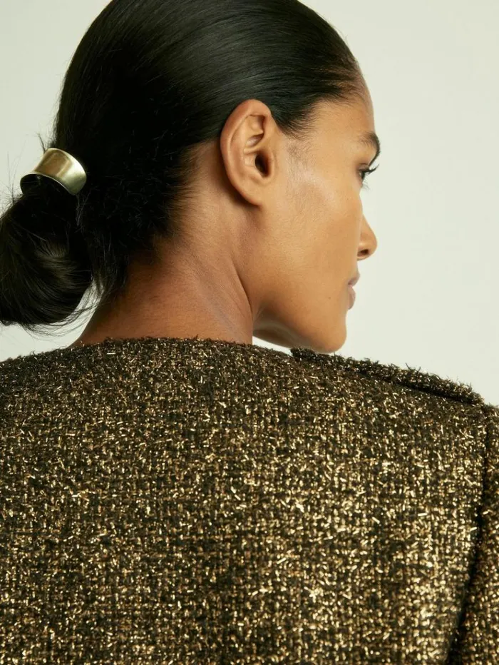 REISS Blazers and Jackets Women Metallic Knit Cropped Jacket Gold