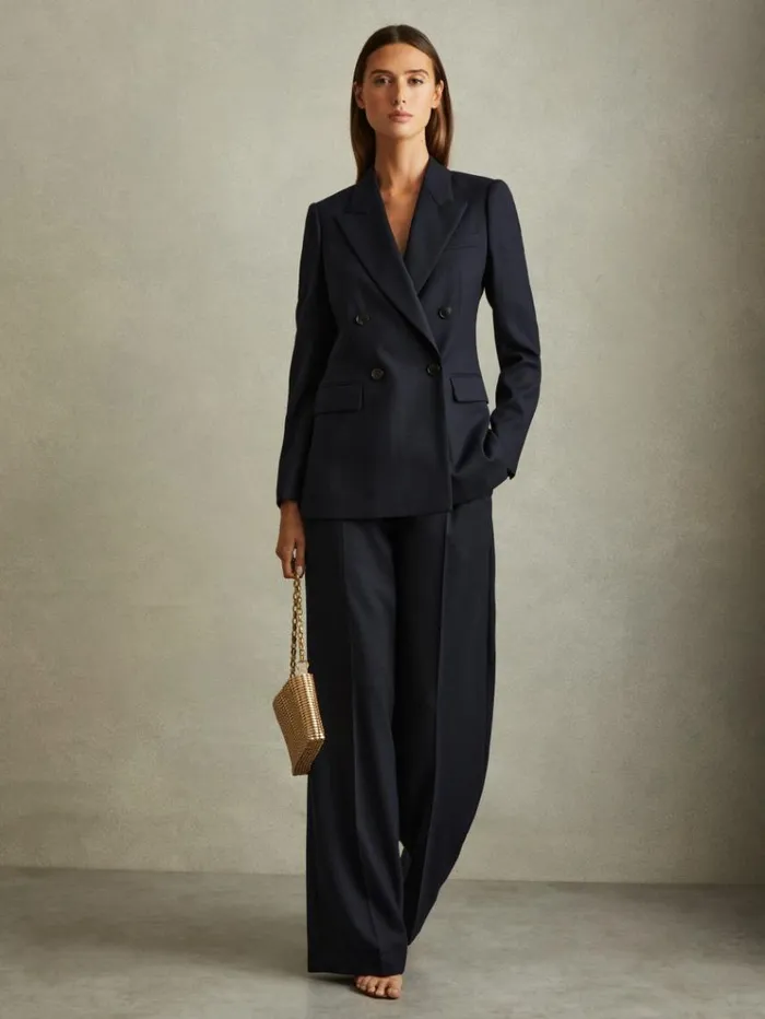 REISS Blazers and Jackets Women Textured Double Breasted Suit Blazer Navy