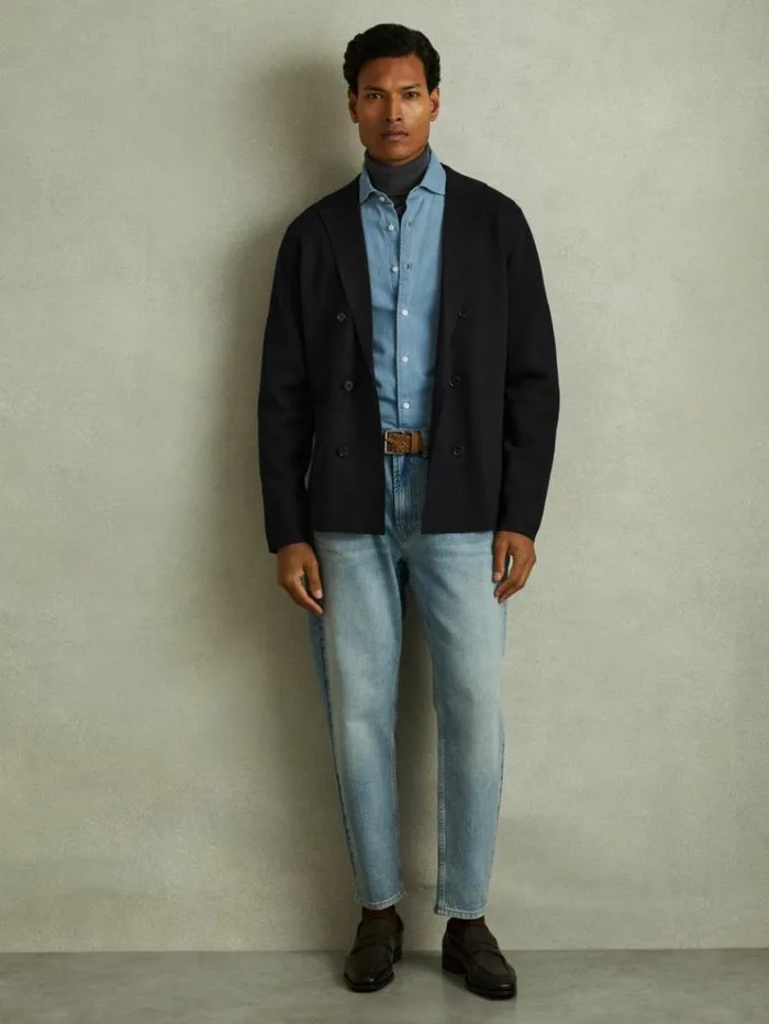 REISS Blazers Men Knitted Double Breasted Blazer Navy