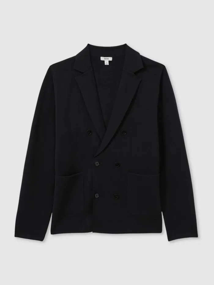 REISS Blazers Men Knitted Double Breasted Blazer Navy