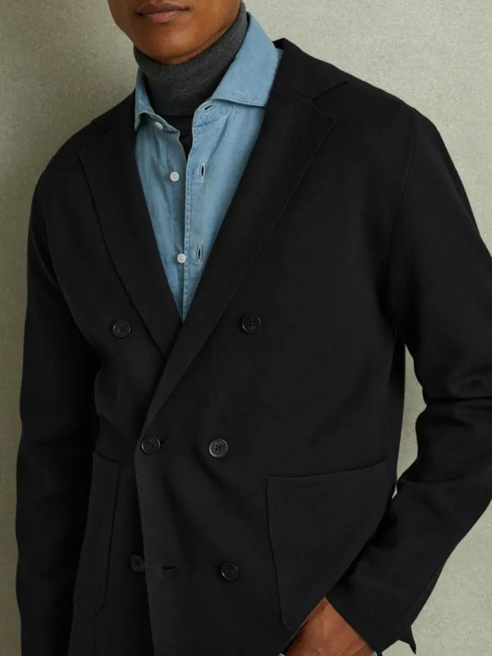 REISS Blazers Men Knitted Double Breasted Blazer Navy