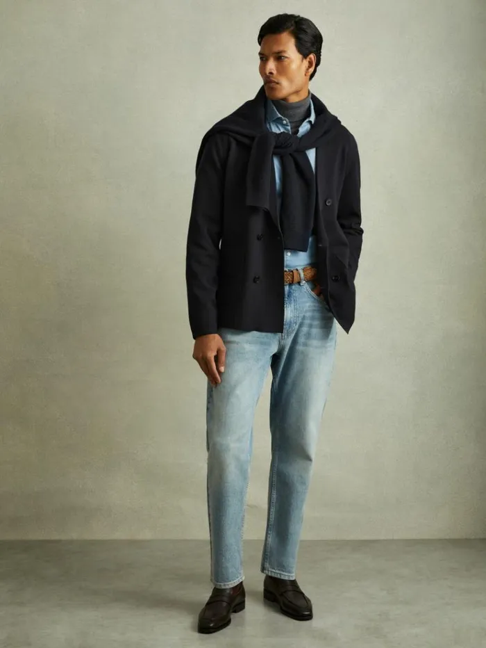 REISS Blazers Men Knitted Double Breasted Blazer Navy