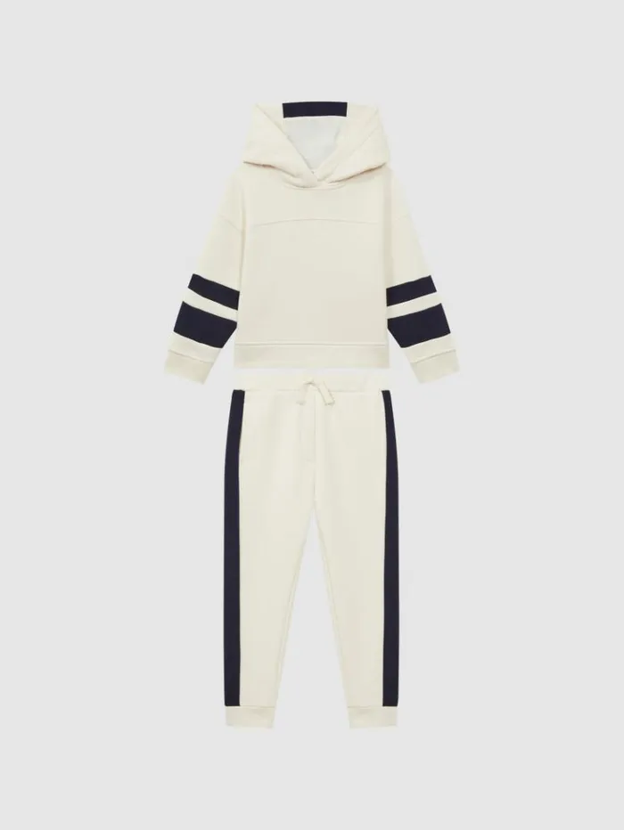 REISS CoOrds Children Cotton Blend Colourblock Hoodie And Joggers Set Ecru