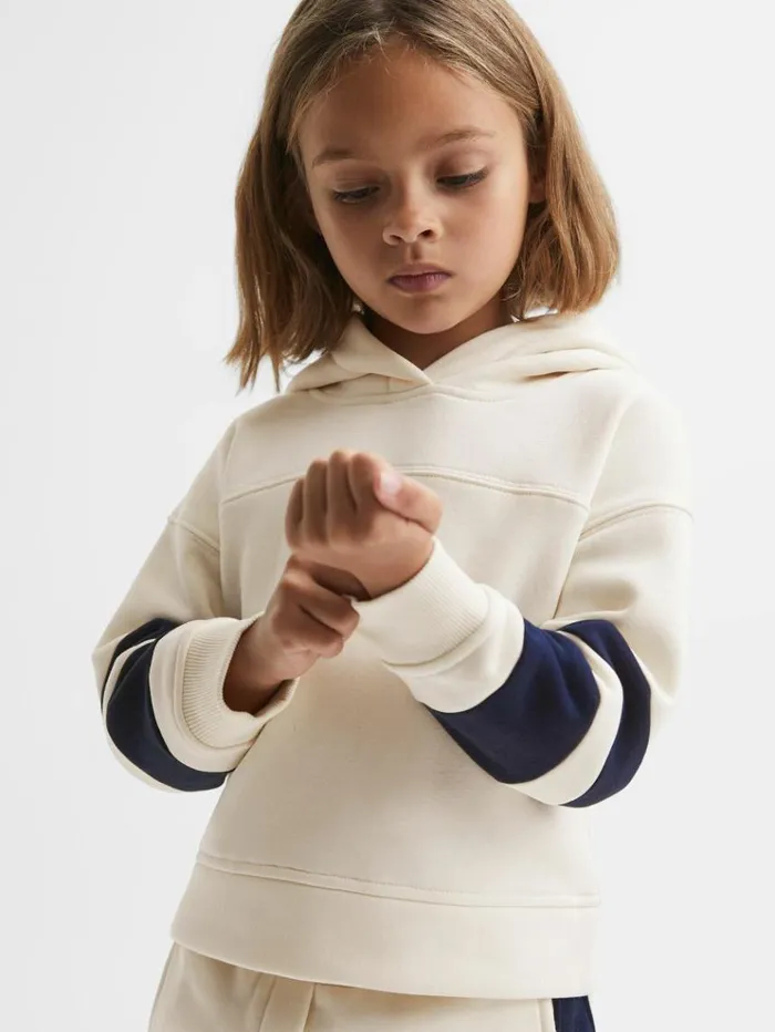 REISS CoOrds Children Cotton Blend Colourblock Hoodie And Joggers Set Ecru