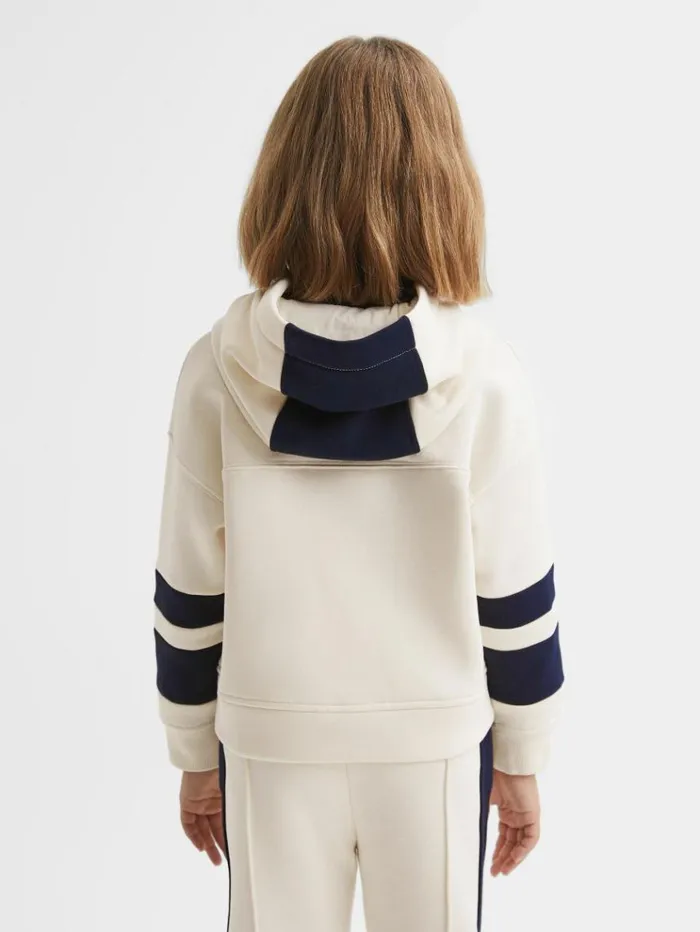 REISS CoOrds Children Cotton Blend Colourblock Hoodie And Joggers Set Ecru