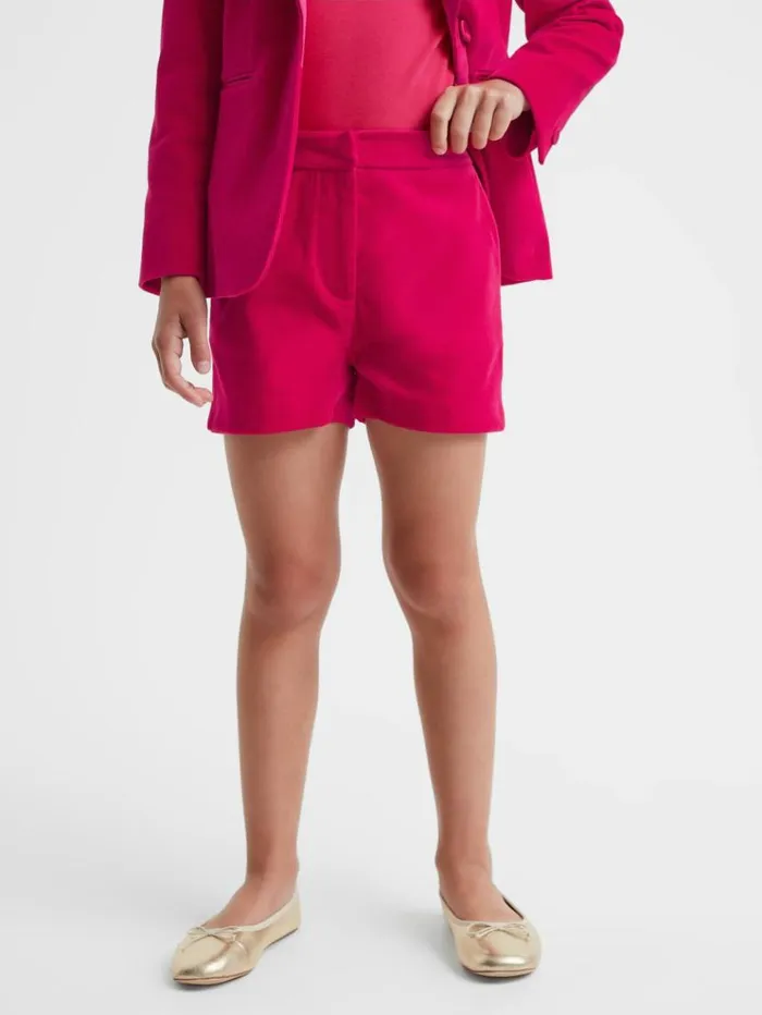 REISS CoOrds Children Velvet Mid Rise Shorts Bright Pink