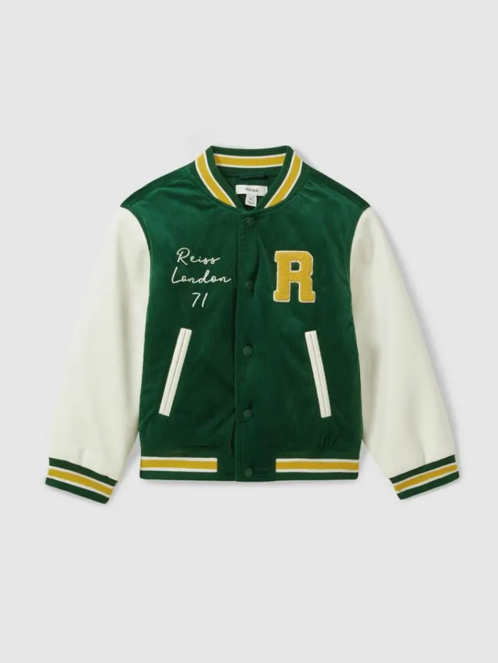 REISS Coats and Jackets Children Hybrid CordFaux Leather Varsity Bomber Jacket Forest Green