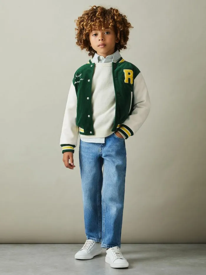 REISS Coats and Jackets Children Hybrid CordFaux Leather Varsity Bomber Jacket Forest Green