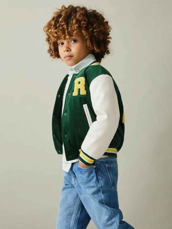 REISS Coats and Jackets Children Hybrid CordFaux Leather Varsity Bomber Jacket Forest Green