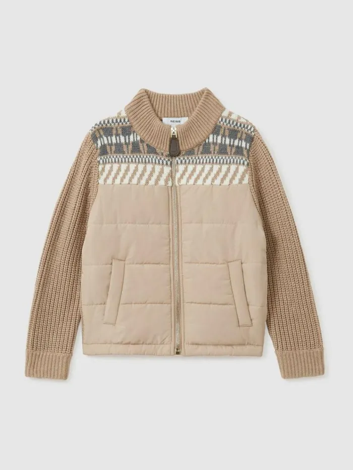 REISS Coats and Jackets Children Hybrid Knit And Quilt Funnel Neck Jacket Oatmeal Melange