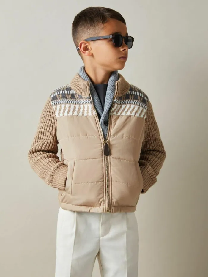 REISS Coats and Jackets Children Hybrid Knit And Quilt Funnel Neck Jacket Oatmeal Melange