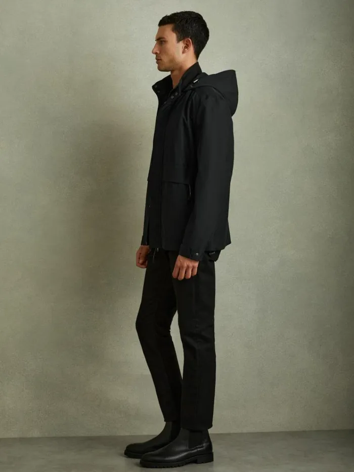 REISS Coats and Jackets Men Drawstring Hem Technical Hooded Jacket Navy