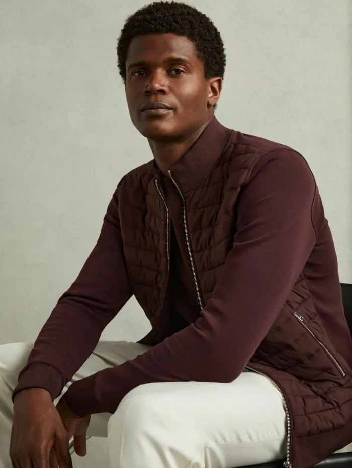 REISS Coats and Jackets Men Hybrid Quilt And Knit ZipThrough Jacket Bordeaux