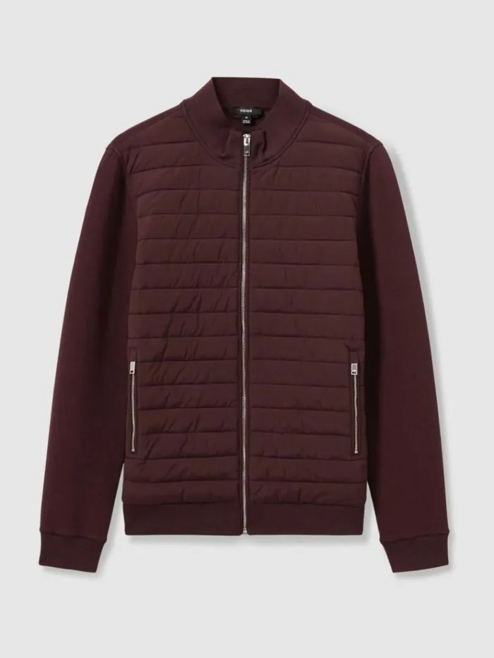 REISS Coats and Jackets Men Hybrid Quilt And Knit ZipThrough Jacket Bordeaux
