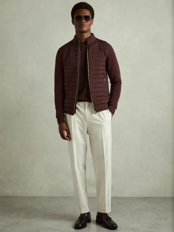 REISS Coats and Jackets Men Hybrid Quilt And Knit ZipThrough Jacket Bordeaux
