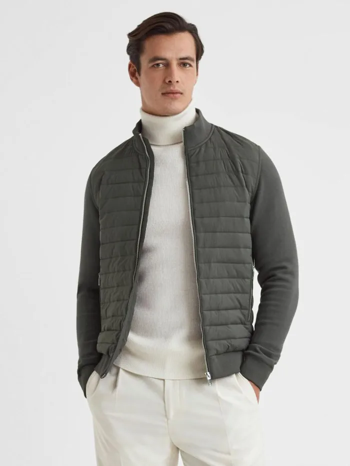 REISS Coats and Jackets Men Hybrid Quilt And Knit ZipThrough Jacket Sage