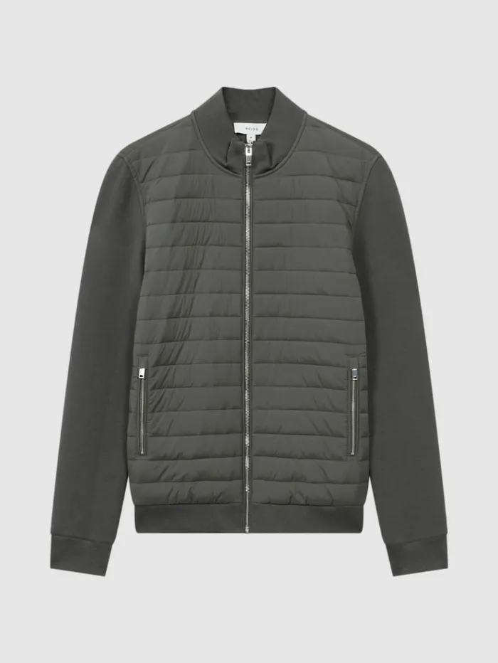 REISS Coats and Jackets Men Hybrid Quilt And Knit ZipThrough Jacket Sage