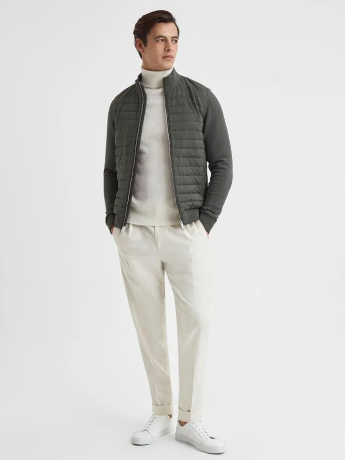 REISS Coats and Jackets Men Hybrid Quilt And Knit ZipThrough Jacket Sage