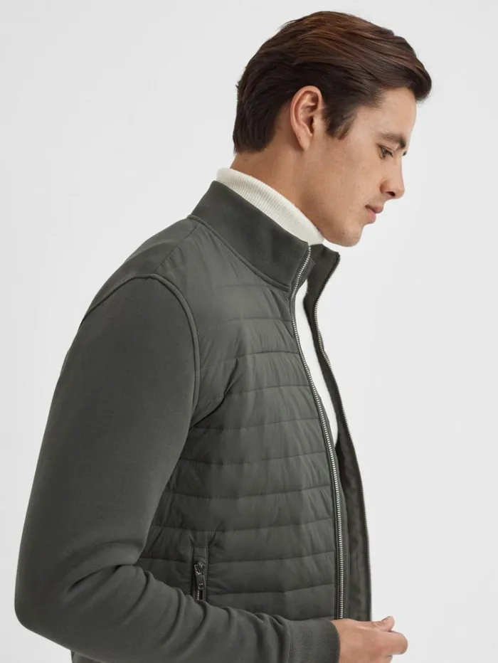 REISS Coats and Jackets Men Hybrid Quilt And Knit ZipThrough Jacket Sage