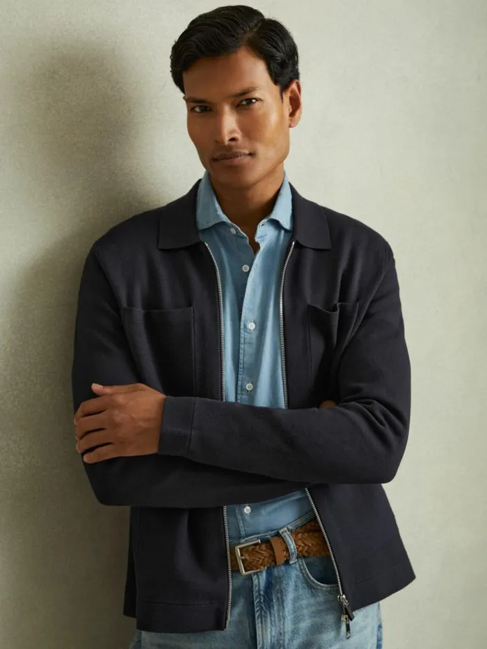 REISS Coats and Jackets Men Knitted Zip Through Jacket Navy