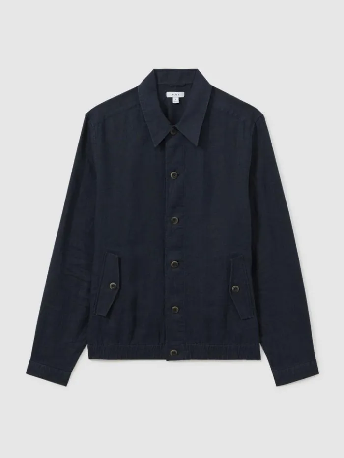REISS Coats and Jackets Men Linen Elasticated Hem Overshirt Navy