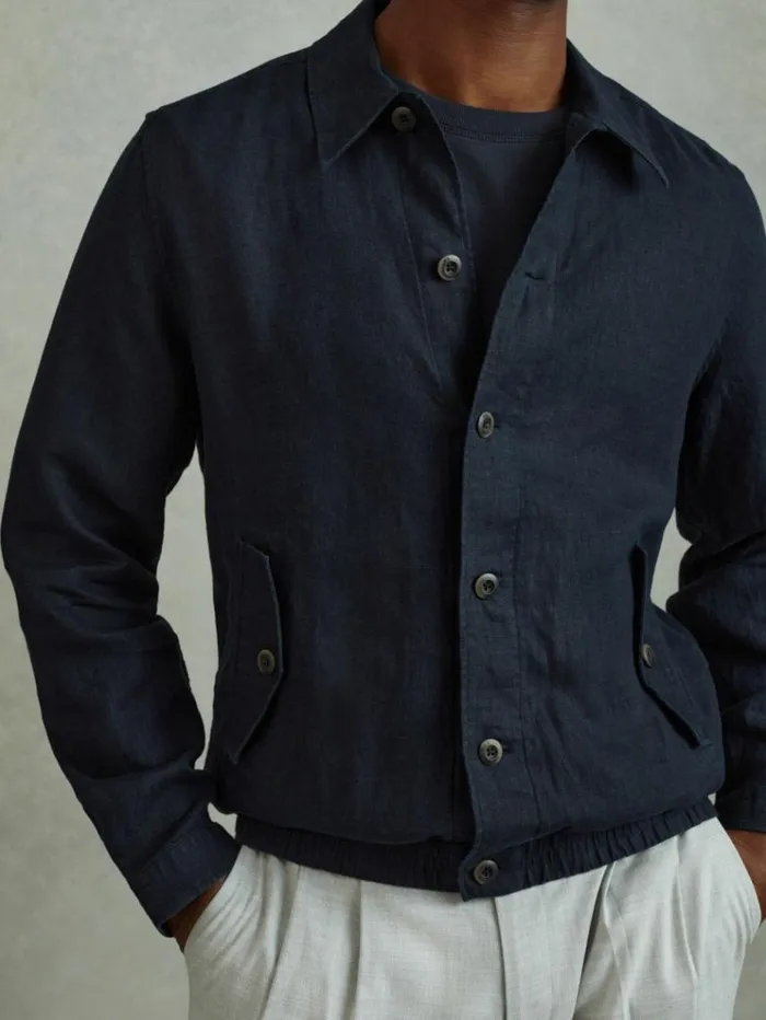 REISS Coats and Jackets Men Linen Elasticated Hem Overshirt Navy