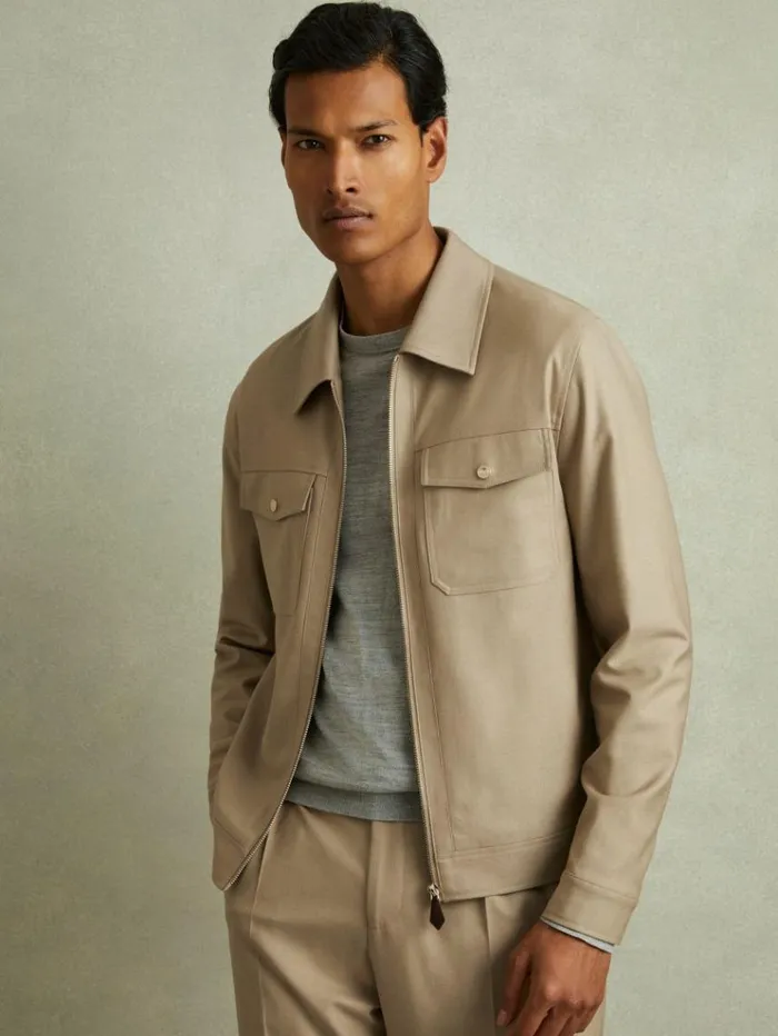 REISS Coats and Jackets Men Moleskin Finish Trucker Jacket Light Camel