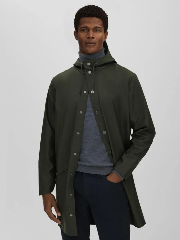 REISS Coats and Jackets Men Rains Longline Hooded Raincoat Dark Green
