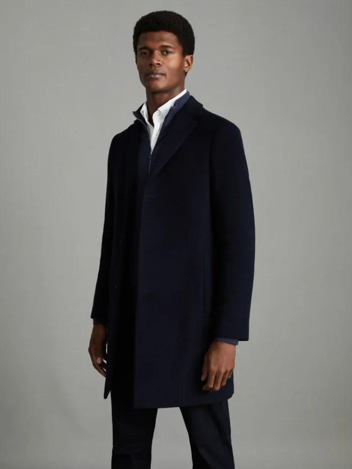 REISS Coats and Jackets Men Wool Blend Single Breasted Epsom Overcoat Navy