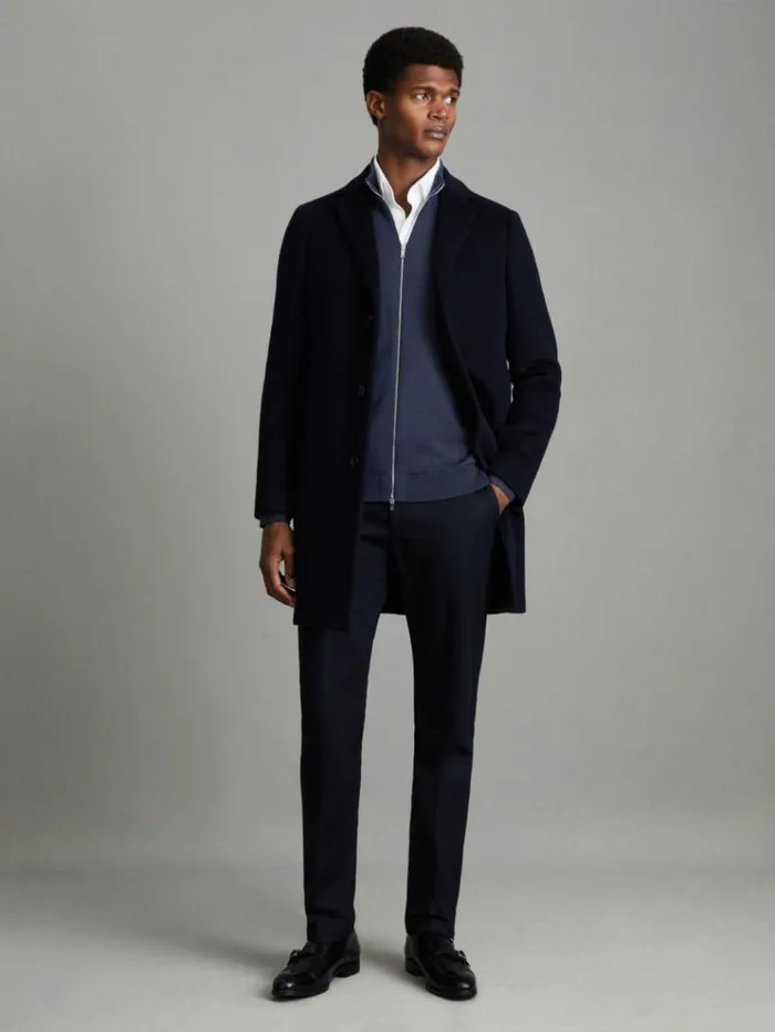 REISS Coats and Jackets Men Wool Blend Single Breasted Epsom Overcoat Navy