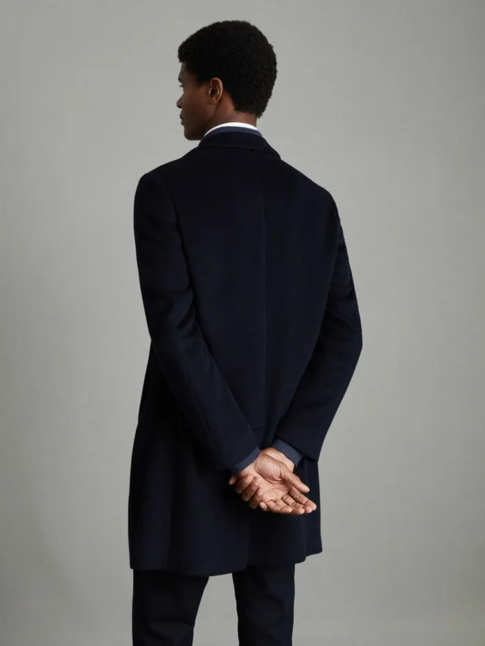 REISS Coats and Jackets Men Wool Blend Single Breasted Epsom Overcoat Navy