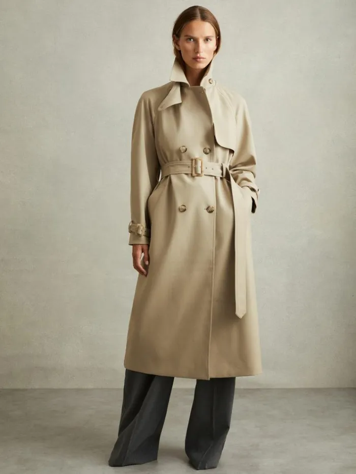 REISS Coats and Jackets Women Double Breasted Belted Trench Coat Khaki
