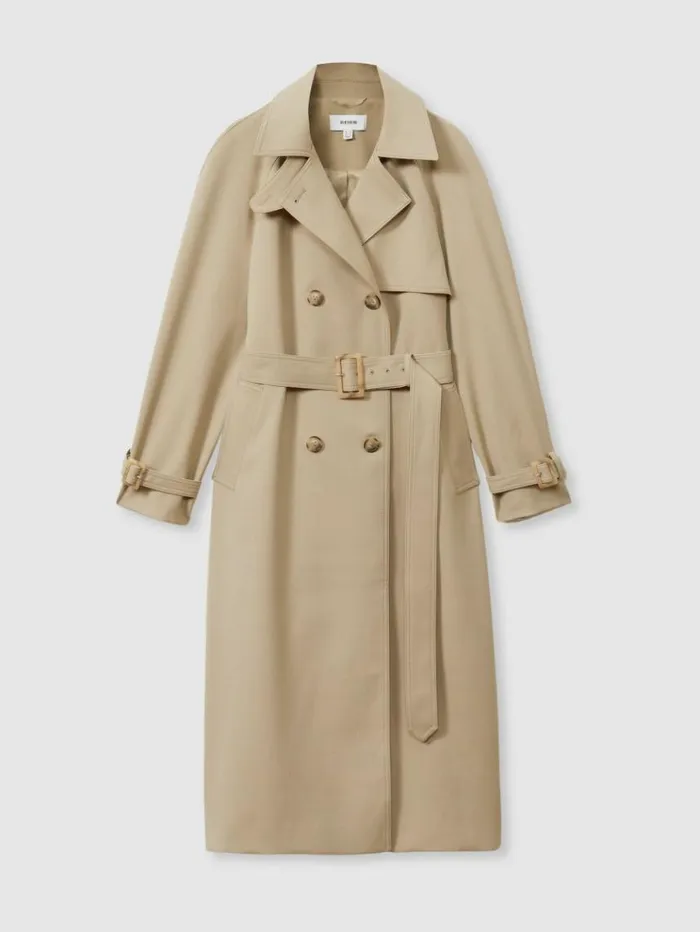 REISS Coats and Jackets Women Double Breasted Belted Trench Coat Khaki