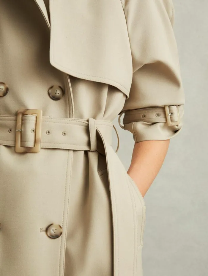 REISS Coats and Jackets Women Double Breasted Belted Trench Coat Khaki