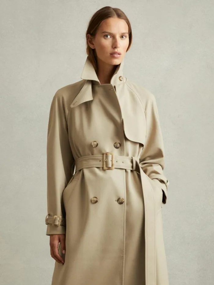 REISS Coats and Jackets Women Double Breasted Belted Trench Coat Khaki