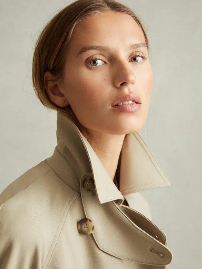 REISS Coats and Jackets Women Double Breasted Belted Trench Coat Khaki